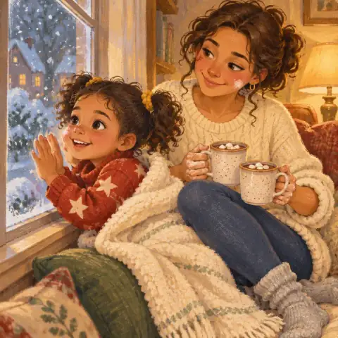 Tavi pressing her nose to a snowy window while Mom wraps her in a blanket