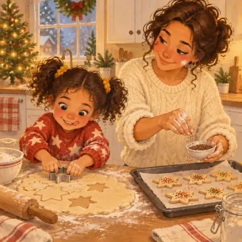 Tavi pressing star cookie cutters into dough in the kitchen