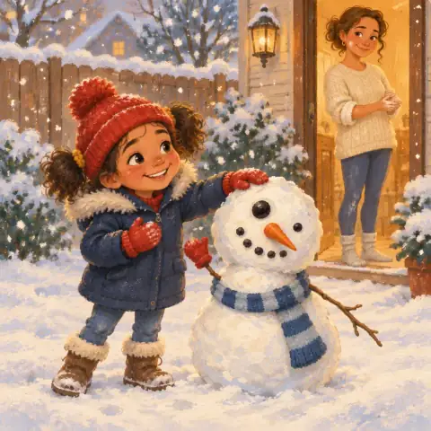 Tavi and her crooked snowman Snowball in the snow