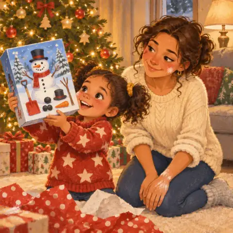 Tavi holding her shiny snowman kit and thinking of a gift for Grandma