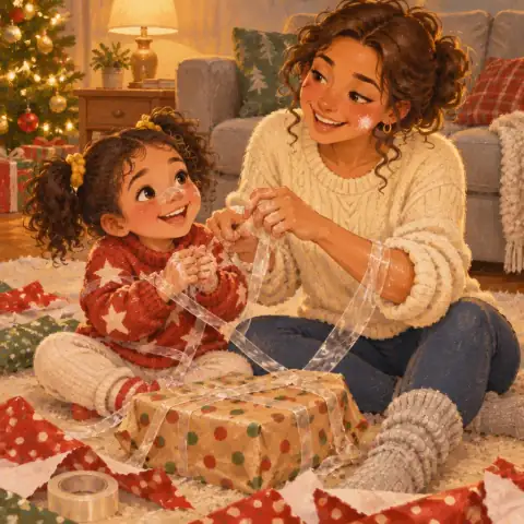 Tavi and Mom giggling with tape stuck everywhere