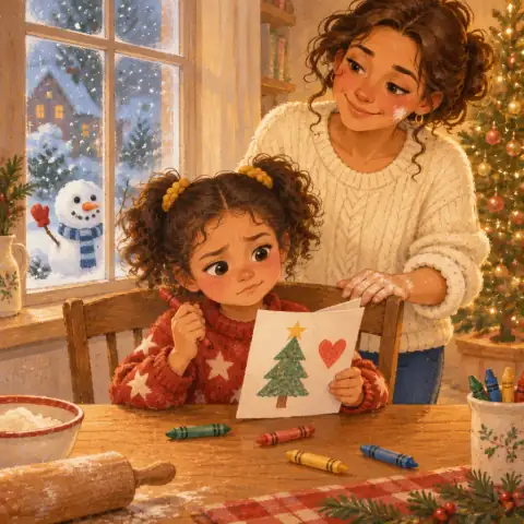 Tavi drawing a wobbly crayon tree and crooked heart on a card