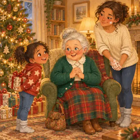 Grandma arriving with pink cheeks beside the glowing tree
