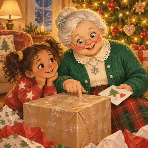 Grandma laughing and tracing the tangled tape with one finger