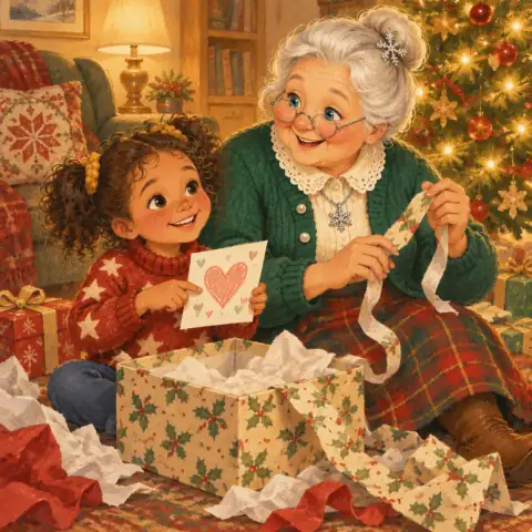 Grandma peeling back the tape layer by layer, smiling at the card