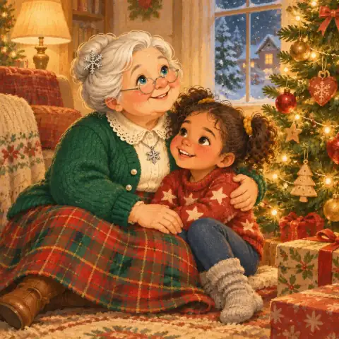 Tavi snuggled beside Grandma under the twinkling lights