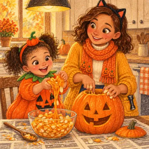 Tavi and Mom scooping pumpkin pulp at a kitchen table, with a big carved jack-o'-lantern