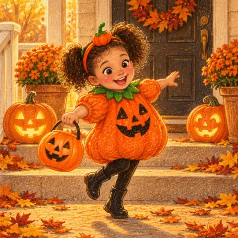 Tavi twirling on the porch steps in her pumpkin costume, a jack-o'-lantern bucket in hand