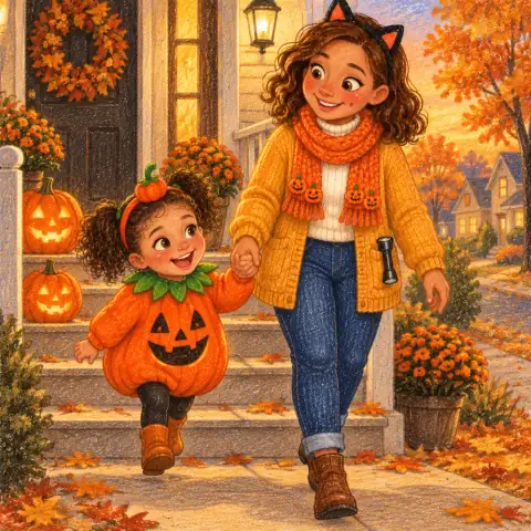 Tavi and Mom holding hands as they step off the porch into the golden evening