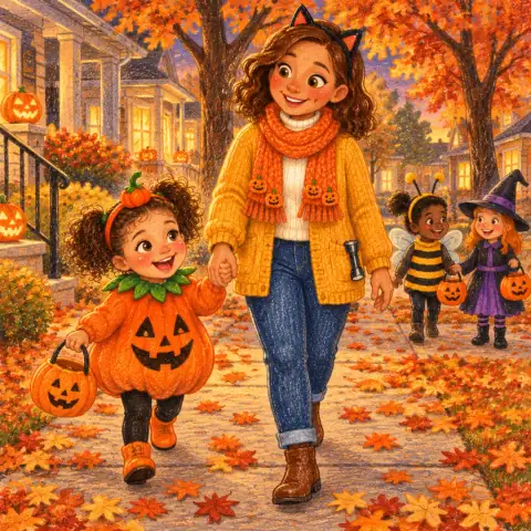 Tavi and Mom walking down a leafy sidewalk past a bee, a witch, and a ghost made of sheets