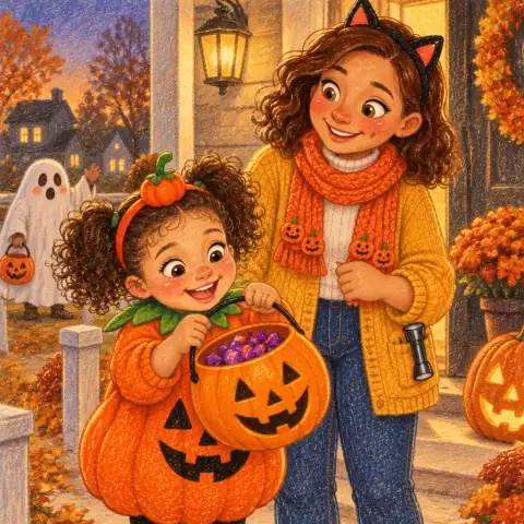 Tavi showing her bucket of candy at a glowing door while Mom watches