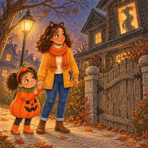 Tavi and Mom at a crooked gate, a tall shadow waving in a lit window