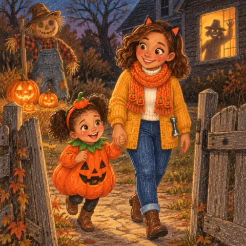 Tavi and Mom pushing open the crooked gate hand in hand