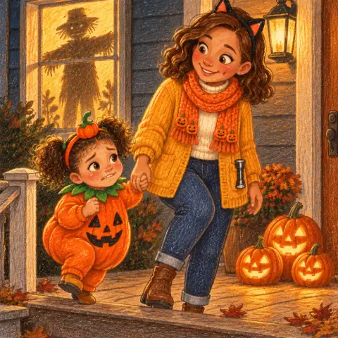 Tavi and Mom creeping up the porch toward a window with a tall wobbly shadow