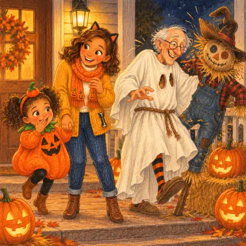 Mr. Finch in a sheet-ghost costume bumping into his scarecrow while Tavi giggles
