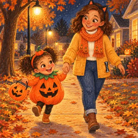 Tavi and Mom skipping home under the streetlights with a full bucket