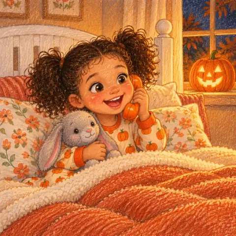 Tavi in pajamas on the phone with Grandma, her plush bunny beside her