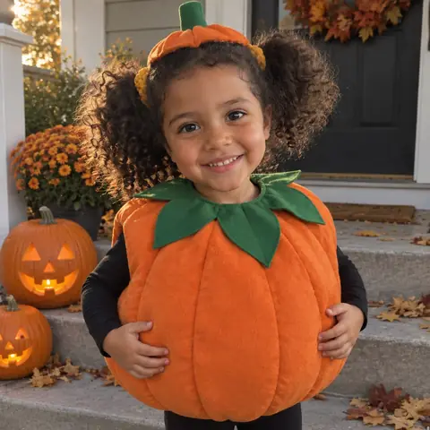 Sample photo: Tavi in a plush pumpkin costume on the porch