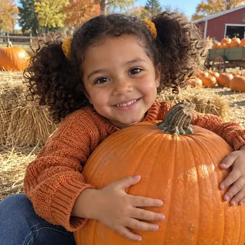 Sample photo: Tavi hugging a big pumpkin at a pumpkin patch