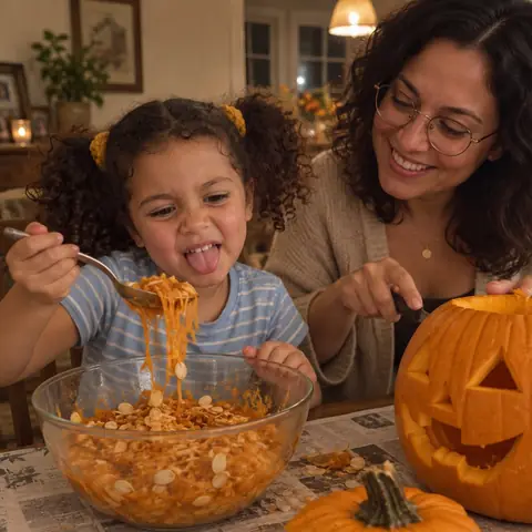 Sample photo: Tavi and Mom carving a jack-o'-lantern