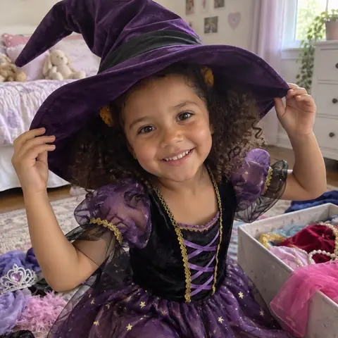 Sample photo: Tavi in a witch hat and costume at the mirror