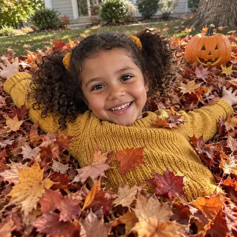 Sample photo: Tavi lying in a pile of autumn leaves
