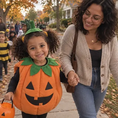 Sample photo: Tavi and Mom walking in a costume parade