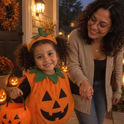 Sample photo: Tavi and Mom holding hands, trick-or-treating