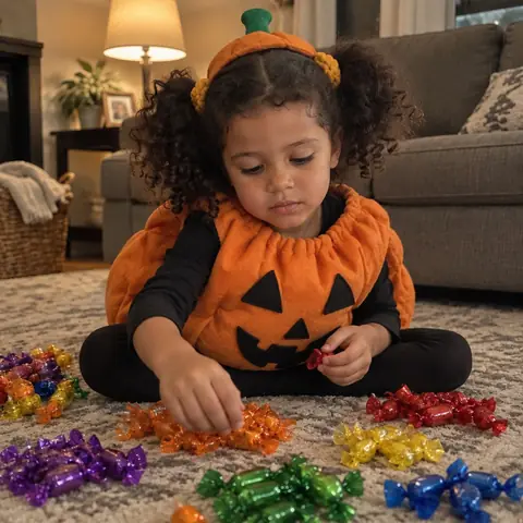 Sample photo: Tavi sorting her candy on the rug