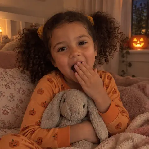 Sample photo: Tavi in pajamas hugging her bunny by a glowing pumpkin