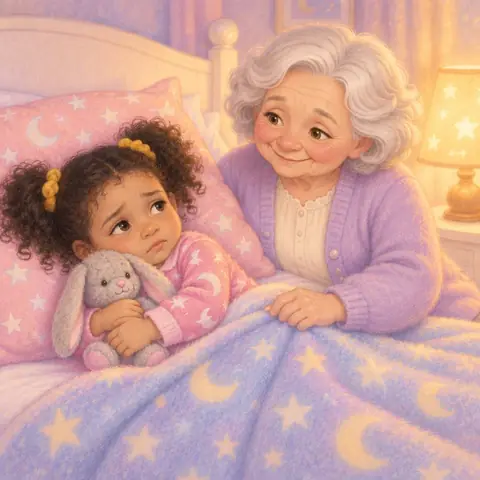 Tavi hugging her bunny Floppy in bed while Grandma sits beside her