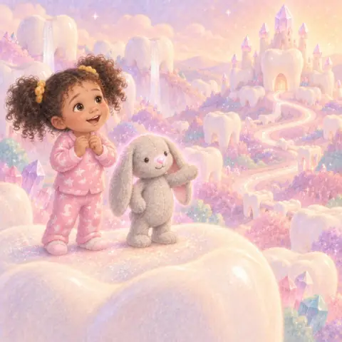 Tavi and Floppy standing on a shiny white hill in the Sparkle Kingdom