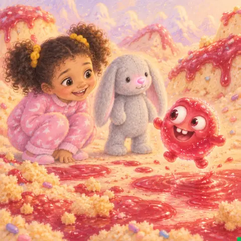 Tavi meeting a bouncing red Sugar Bug among sticky jam puddles