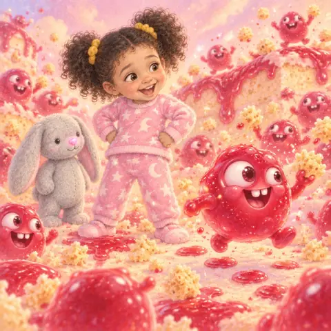 Tavi surrounded by giggling Sugar Bugs on cake-crumb hills