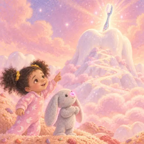 Tavi pointing at a glowing brush wand on a faraway mountain peak