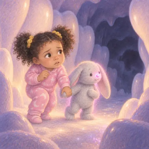Tavi and Floppy tiptoeing toward a dark cave