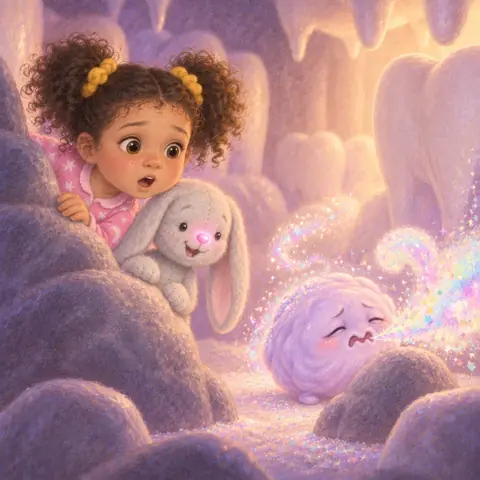 Tavi peeking from behind a rock at a tiny purple blob sneezing glitter