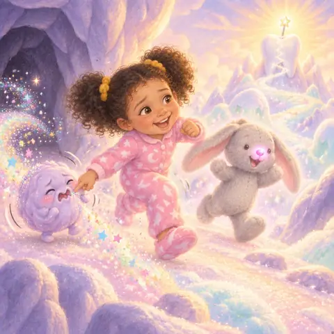 Tavi laughing and running with Wheezle, the sneezing purple blob