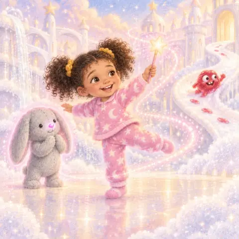 Tavi twirling with her wand in a clean, glittering kingdom