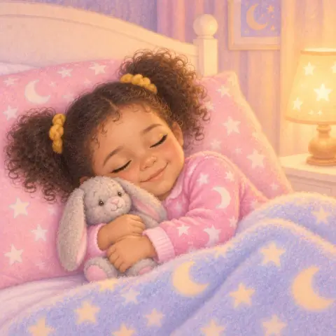Tavi asleep in her own bed, hugging Floppy