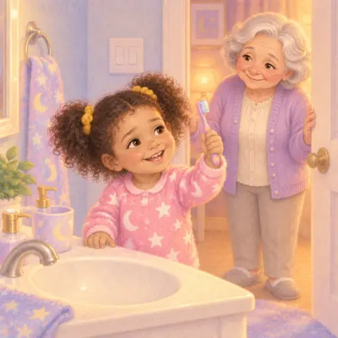 Tavi at the bathroom sink with her toothbrush while Grandma smiles from the door