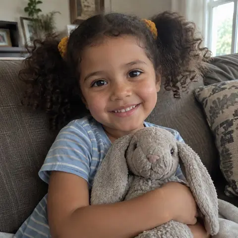 Sample photo: Tavi hugging a stuffed bunny on the couch