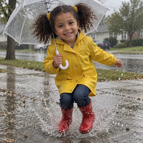 Sample photo: Tavi splashing in a puddle under an umbrella