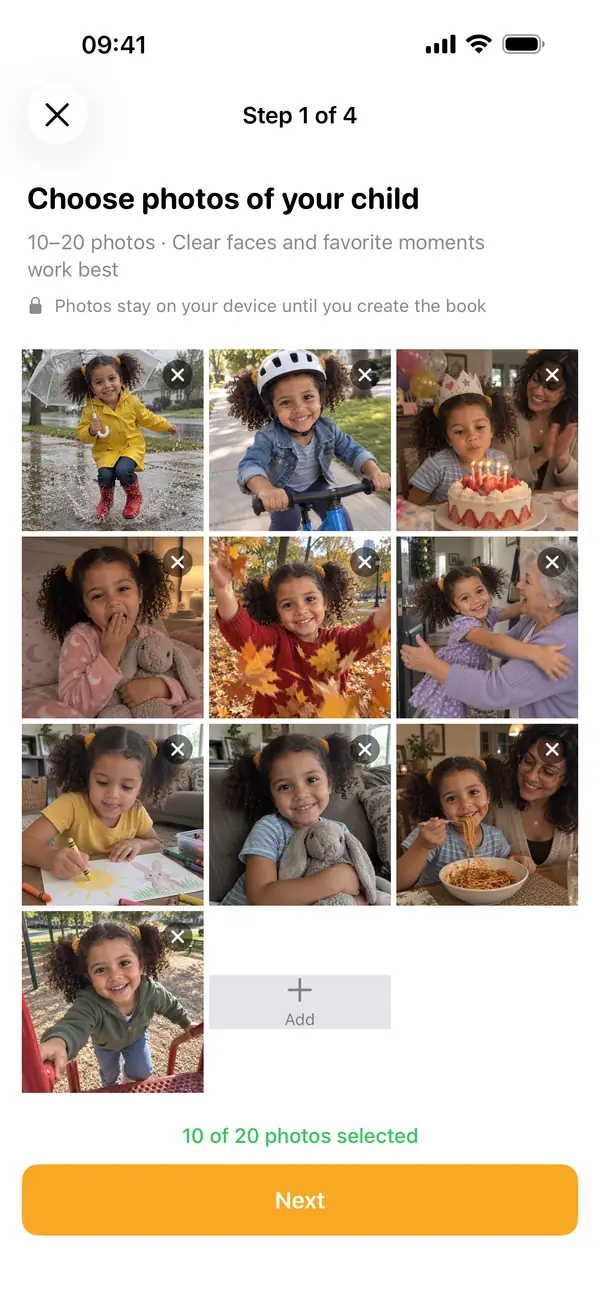 TaleHive app: choosing 10 photos of Tavi