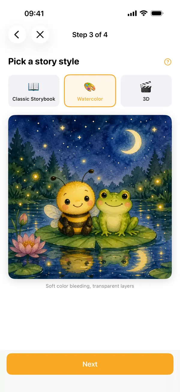 TaleHive app: picking a story style, Watercolor selected