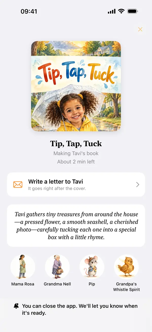 TaleHive app: the book cover appears first while the pages are made