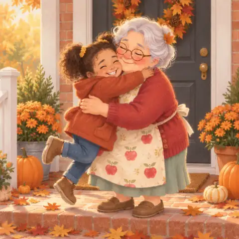 Tavi leaping into Grandma Nell's arms on the porch