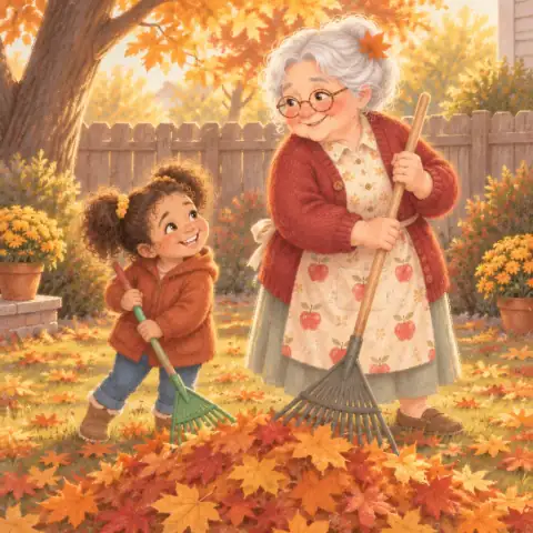 Tavi and Grandma raking a giant mountain of golden leaves