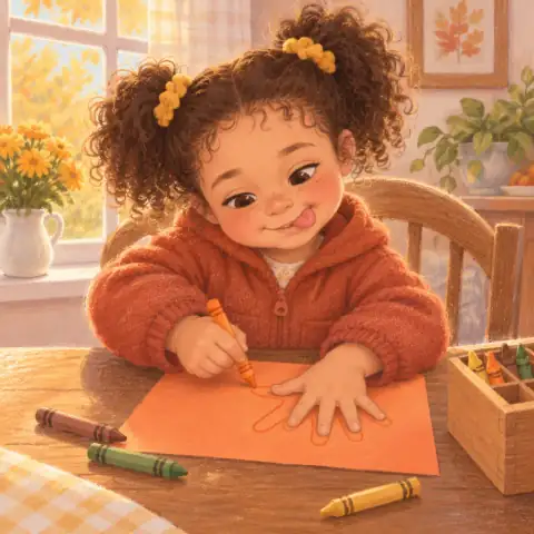 Tavi tracing her hand into a turkey shape on orange paper