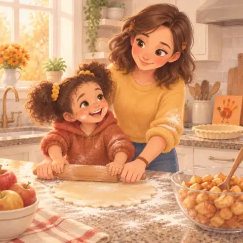 Tavi rolling out pie dough with Mom in a puff of flour